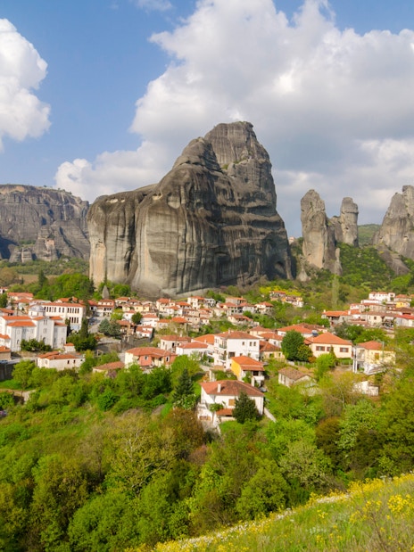 Meteora rock formations and village view on a private day tour from Athens.