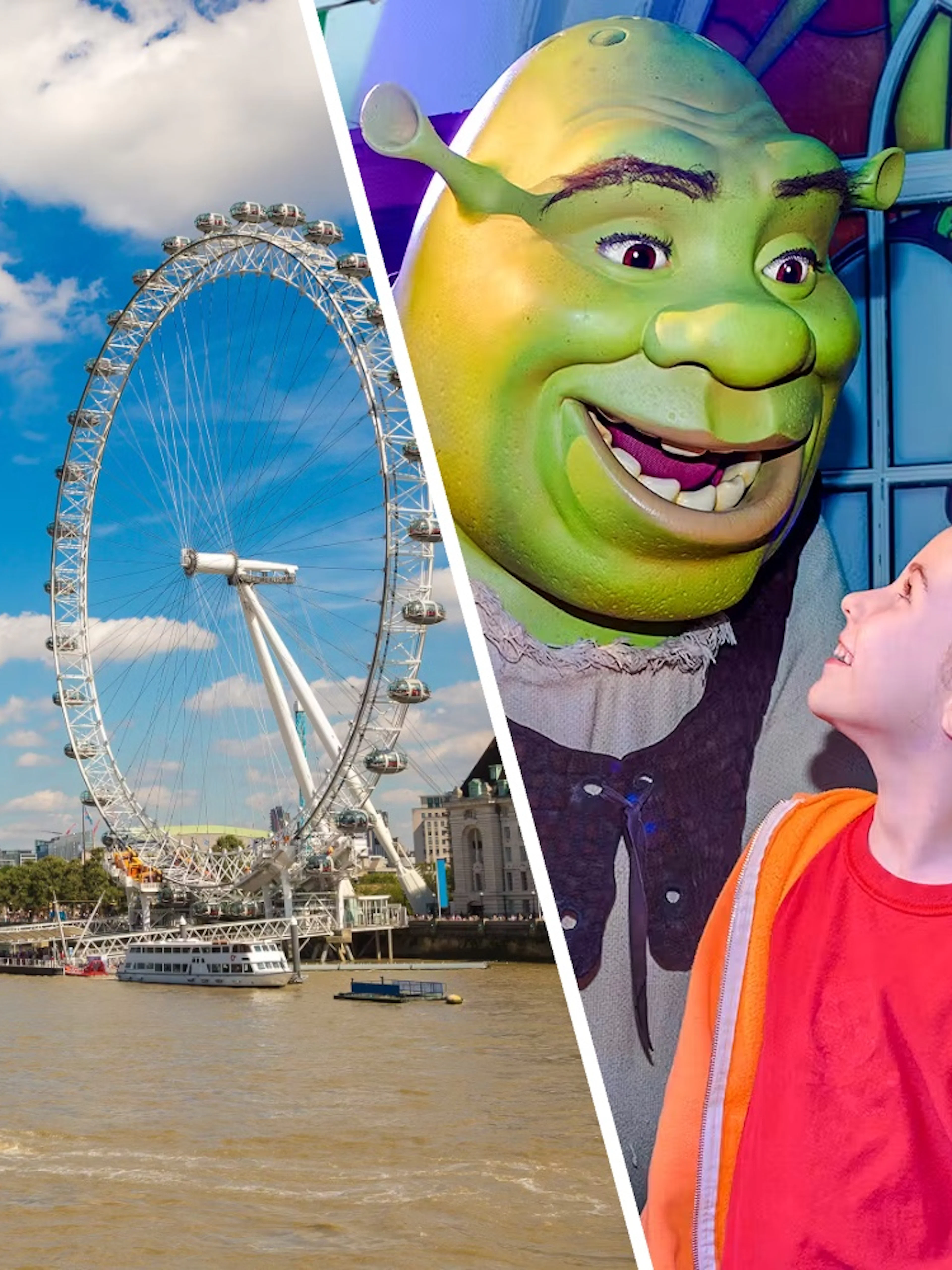 London Eye by the Thames and children meeting Shrek at Shrek's Adventure.