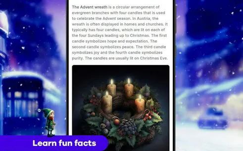Advent wreath with four candles on a phone screen, part of Vienna Christmas exploration game.