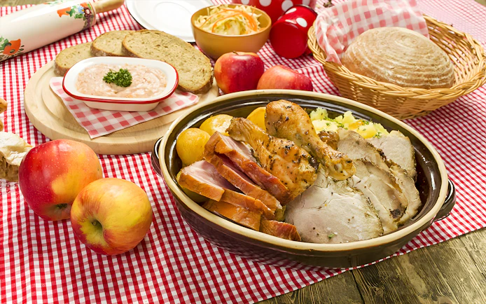 Traditional Czech meal with roast meats, bread, and apples on a checkered tablecloth in Prague.