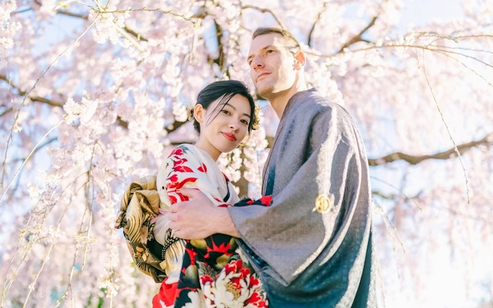 Couple in kimonos posing under cherry blossoms in Japan.