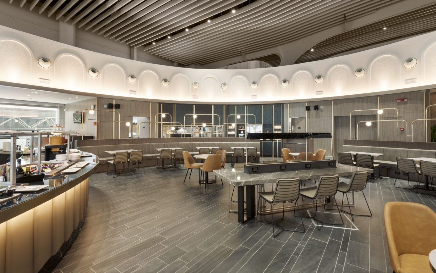 Dining area at Plaza Premium Lounge, Terminal 1, Leonardo da Vinci-Fiumicino Airport, Rome.