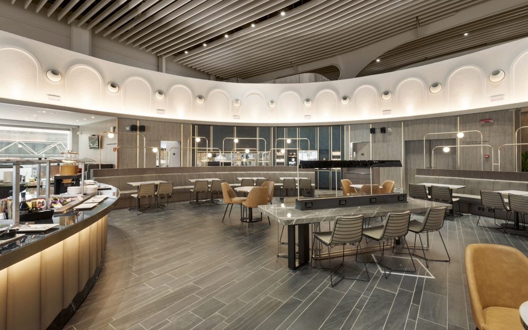 Dining area at Plaza Premium Lounge, Terminal 1, Leonardo da Vinci-Fiumicino Airport, Rome.