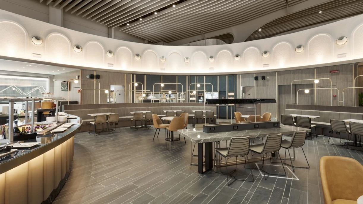 Dining area at Plaza Premium Lounge, Terminal 1, Leonardo da Vinci-Fiumicino Airport, Rome.