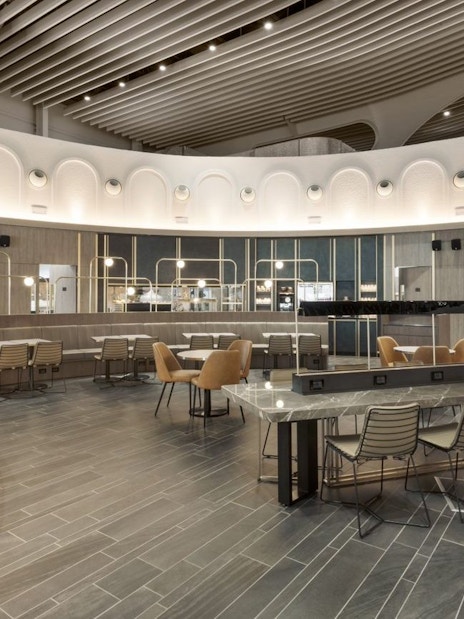 Dining area at Plaza Premium Lounge, Terminal 1, Leonardo da Vinci-Fiumicino Airport, Rome.
