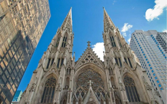 St. Patrick's Cathedral facade between skyscrapers, part of Secret Societies of Manhattan tour, New York.