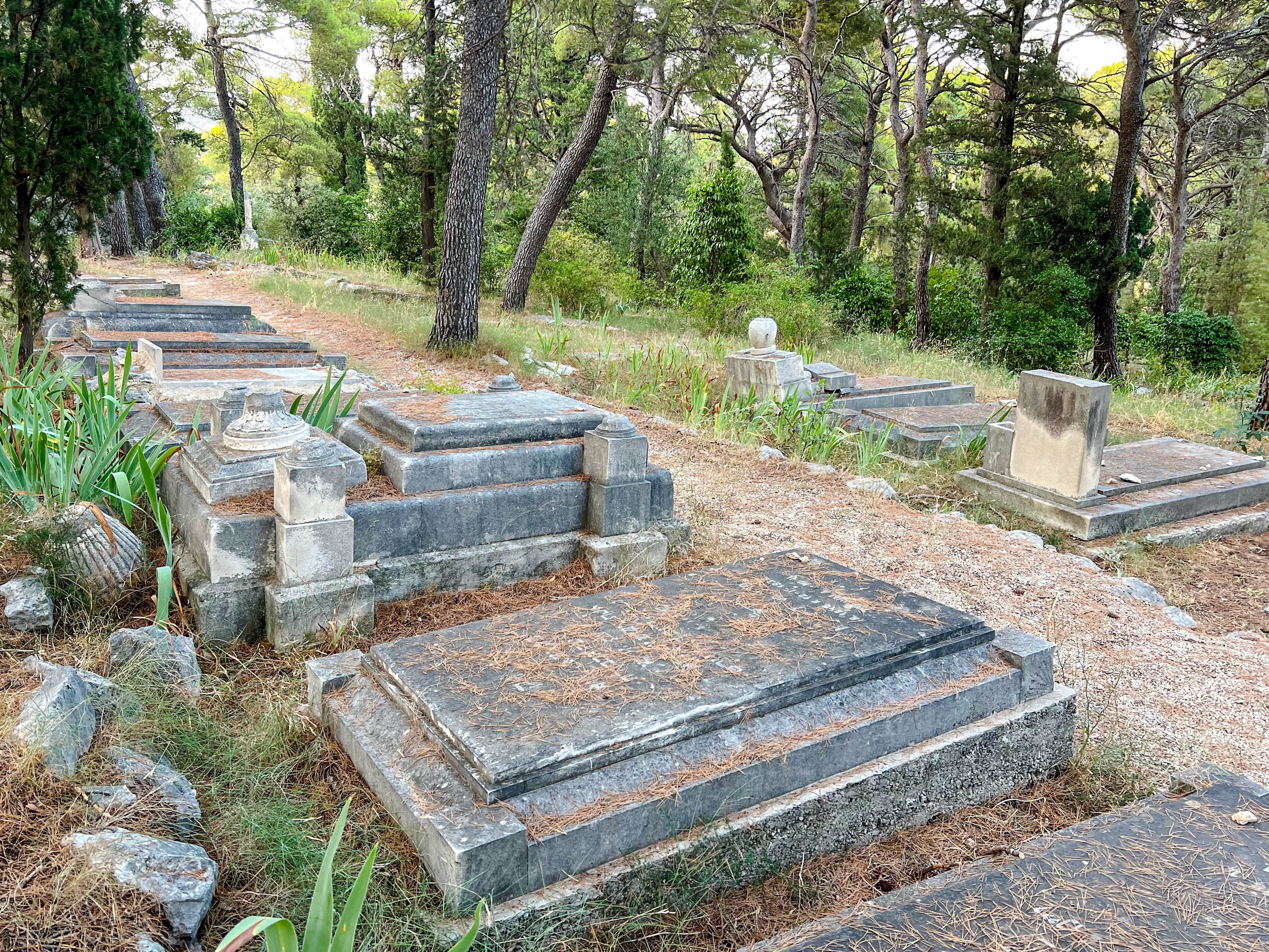 Old Jewish Cemetery in Split, Croatia with historic stone graves surrounded by trees.