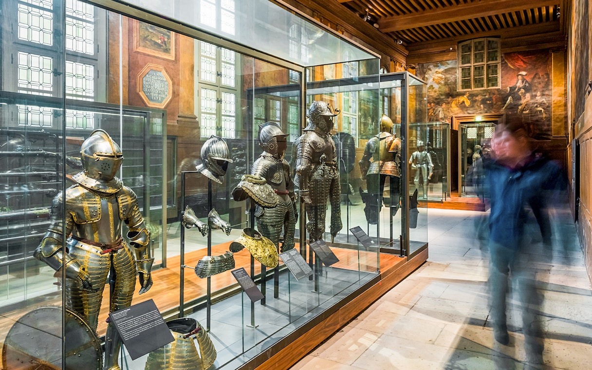 Metal armour suits on display at Army Museum, Paris.