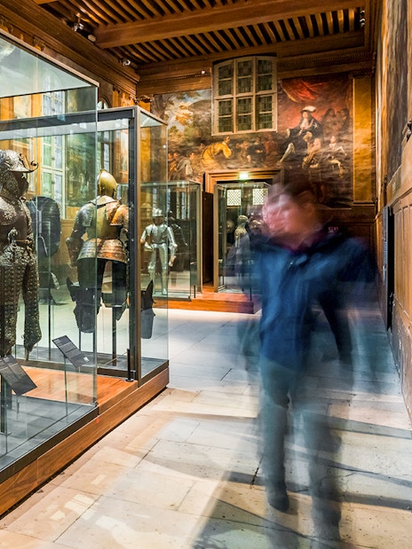 Metal armour suits on display at Army Museum, Paris.