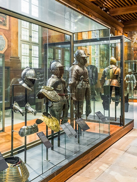 Metal armour suits on display at Army Museum, Paris.