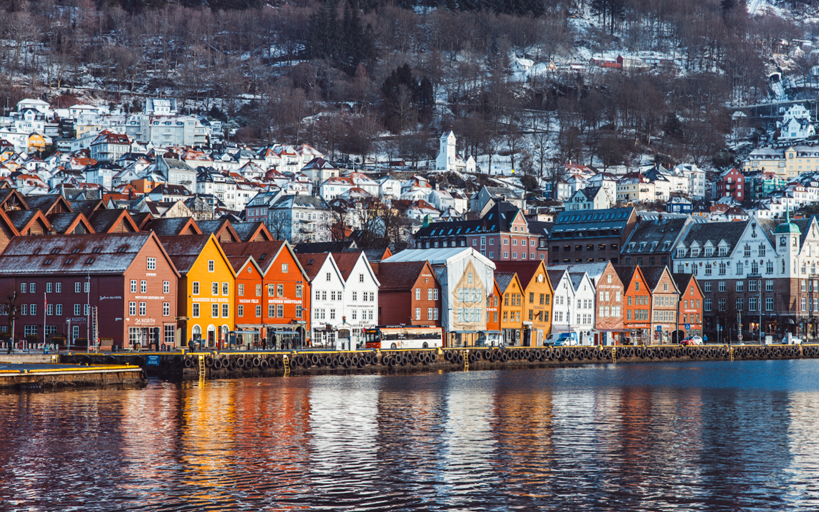 Colorful wooden houses along Bergen's waterfront, seen from the Mostraumen Fjord Cruise.