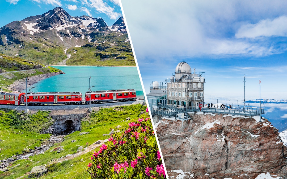 Red train near Swiss Alps lake and Jungfraujoch observatory with tourists.