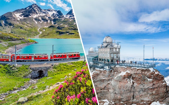 Red train near Swiss Alps lake and Jungfraujoch observatory with tourists.