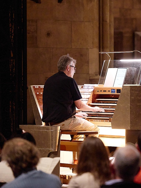 Organist performing at St. Stephen's Cathedral concert, Vienna.