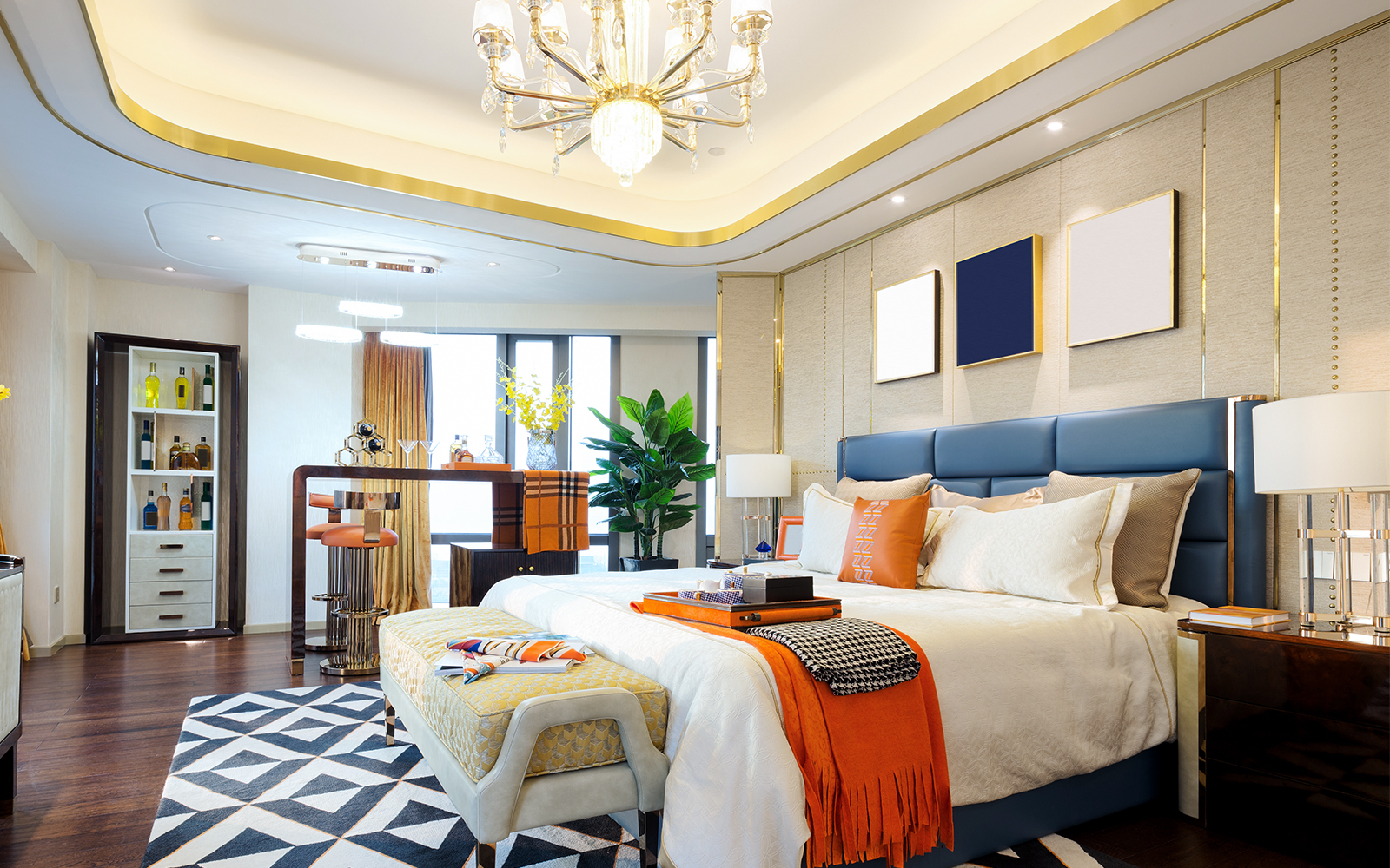 Luxury hotel room with elegant decor, plush bed, and modern furnishings.