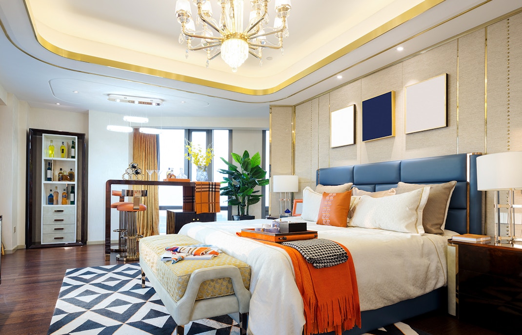 Private bar in a luxury hotel room with elegant decor.