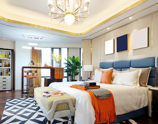 Private bar in a luxury hotel room with elegant decor.
