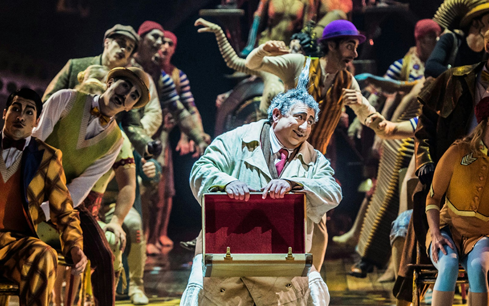 Performer with suitcase in Cirque du Soleil: Kurios show.