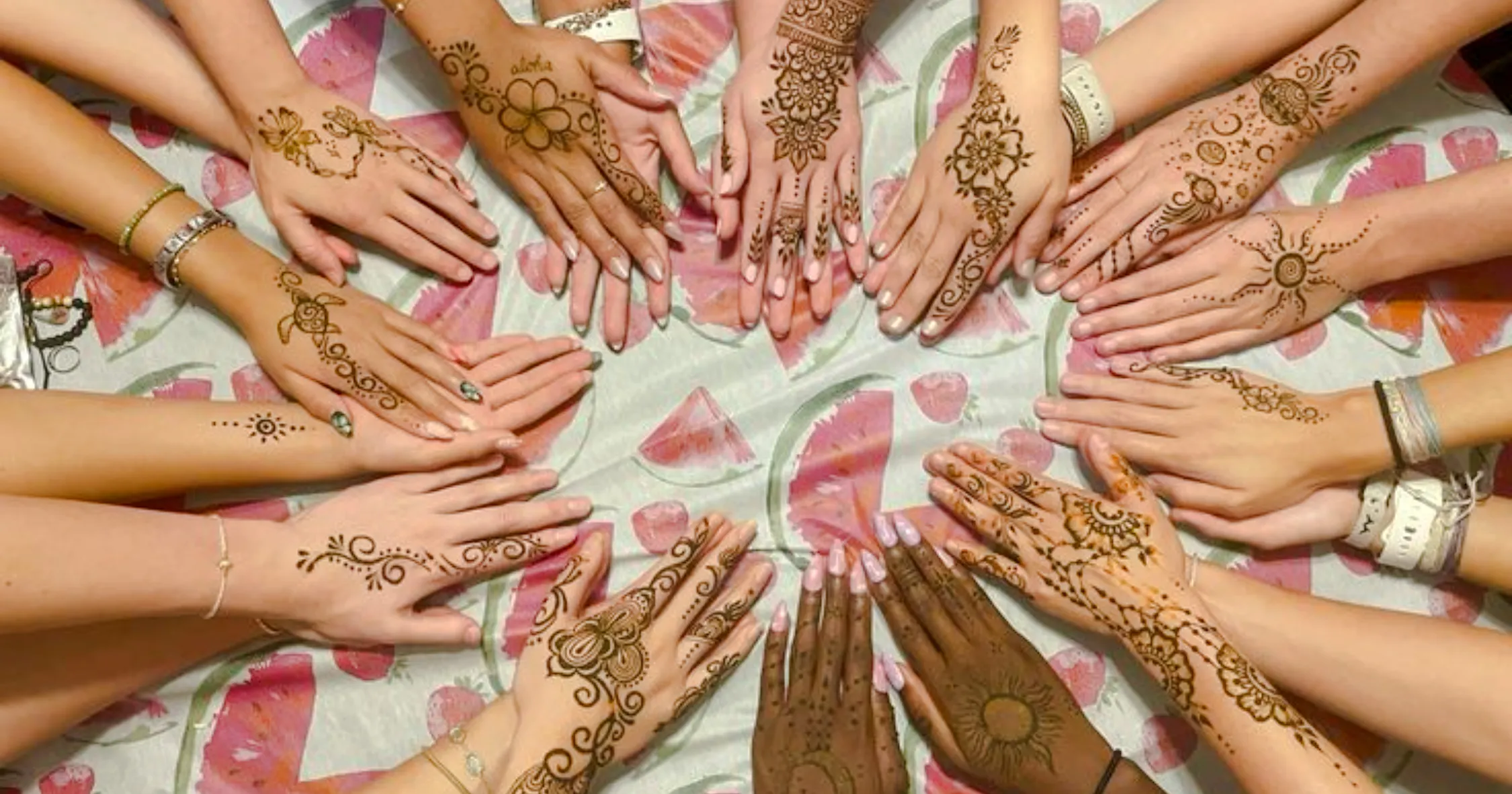 Henna designs on hands at Essaouira Craft Complex workshop, Essaouira.