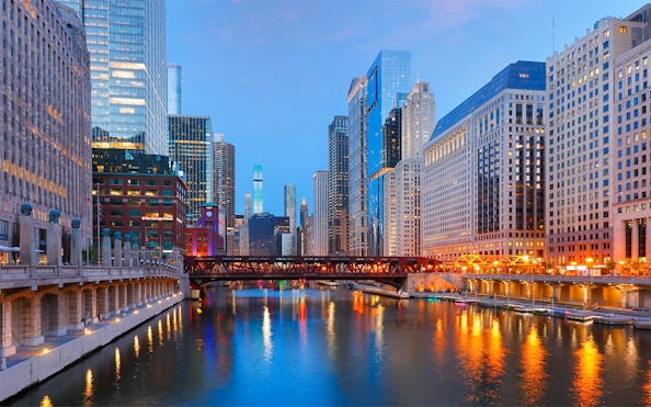 Chicago downtown skyline at sunset viewed from Lake Michigan.