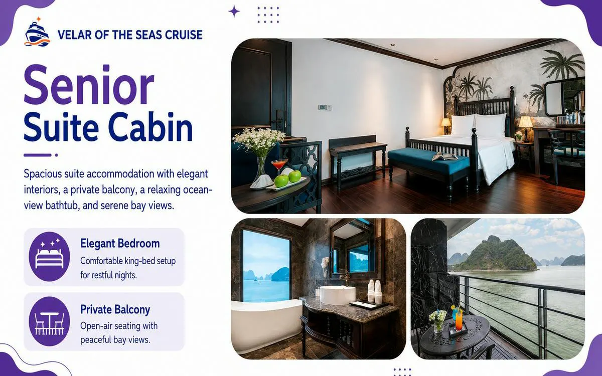 Senior suite cabin with king bed, ocean-view bathtub, and private balcony on Lan Ha Bay cruise.