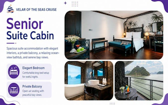 Senior suite cabin with king bed, ocean-view bathtub, and private balcony on Lan Ha Bay cruise.