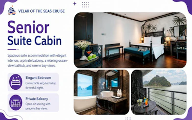 Senior suite cabin with king bed, ocean-view bathtub, and private balcony on Lan Ha Bay cruise.