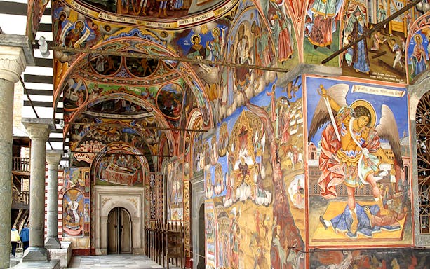 Frescoes depicting religious scenes inside the Rila Monastery, Bulgaria.
