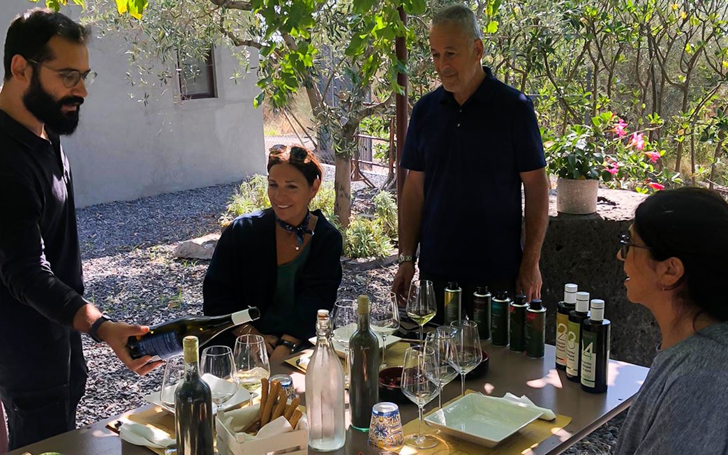 Group enjoying wine and olive oil tasting at Mount Etna tour.