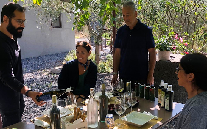 Group enjoying wine and olive oil tasting at Mount Etna tour.