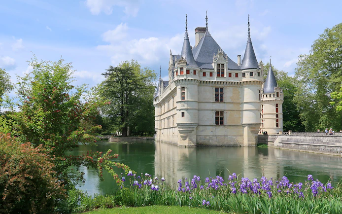 Azay-le-Rideau Castle with moat and gardens in Loire Valley, France.