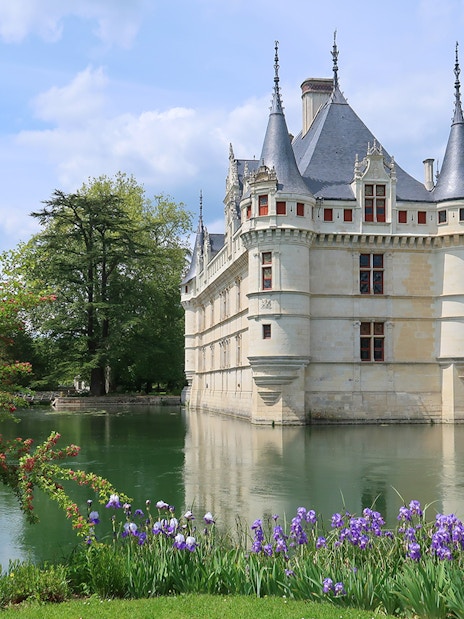 Azay-le-Rideau Castle with moat and gardens in Loire Valley, France.
