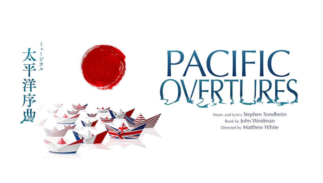 Paper boats with international flags under a red sun, promoting "Pacific Overtures" musical.