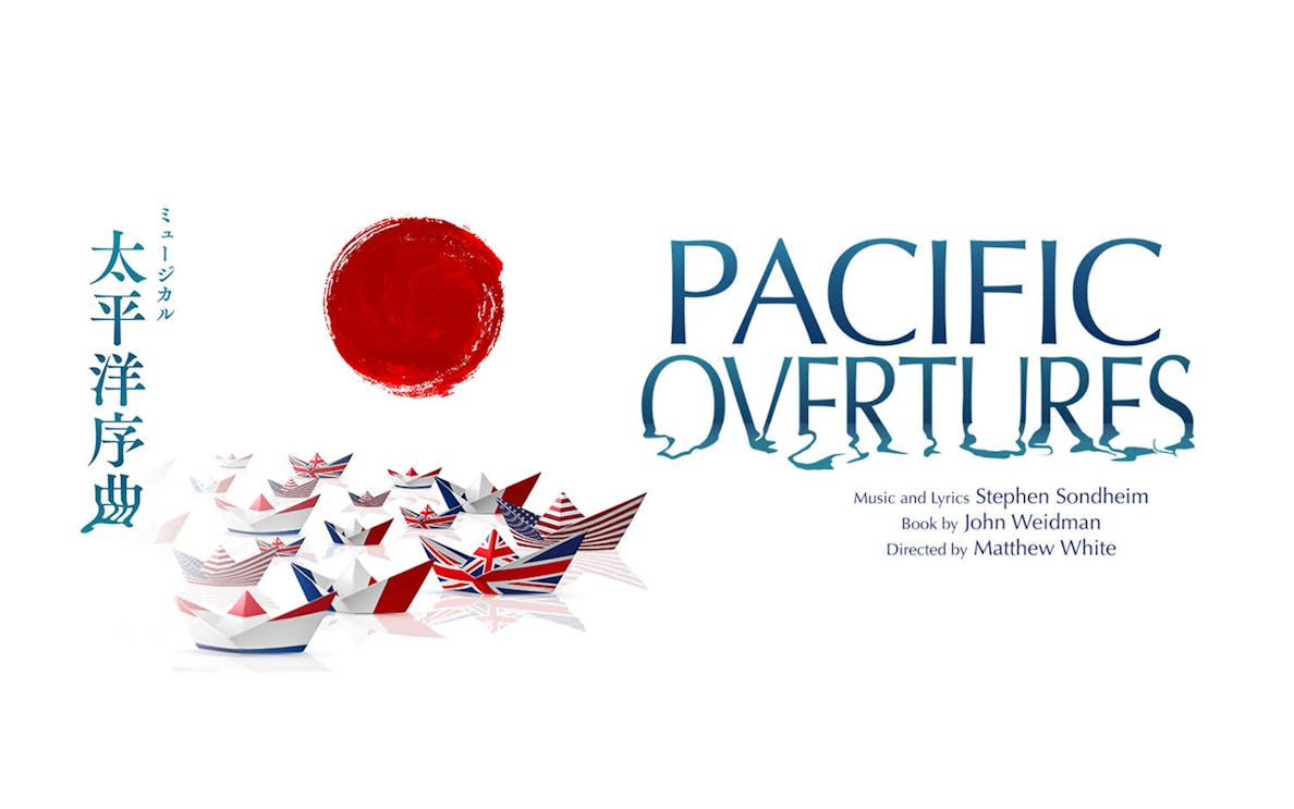 Paper boats with international flags under a red sun, promoting "Pacific Overtures" musical.