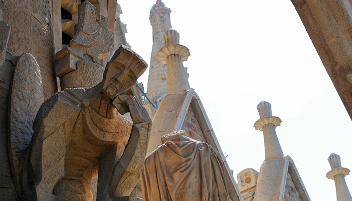 Sculptures in Sagrada Familia, Barcelona, designed by Gaudi, showcasing intricate details.
