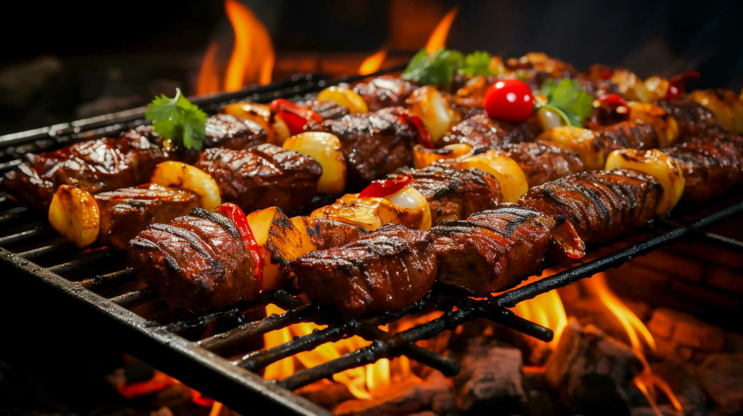 Grilled meat skewers over open flame at a Brazilian steakhouse in Rio de Janeiro.