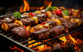 Grilled meat skewers over open flame at a Brazilian steakhouse in Rio de Janeiro.