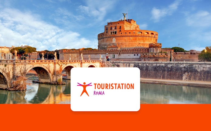 Castel Sant'Angelo and Ponte Sant'Angelo in Rome, Italy, with TouriStation logo.