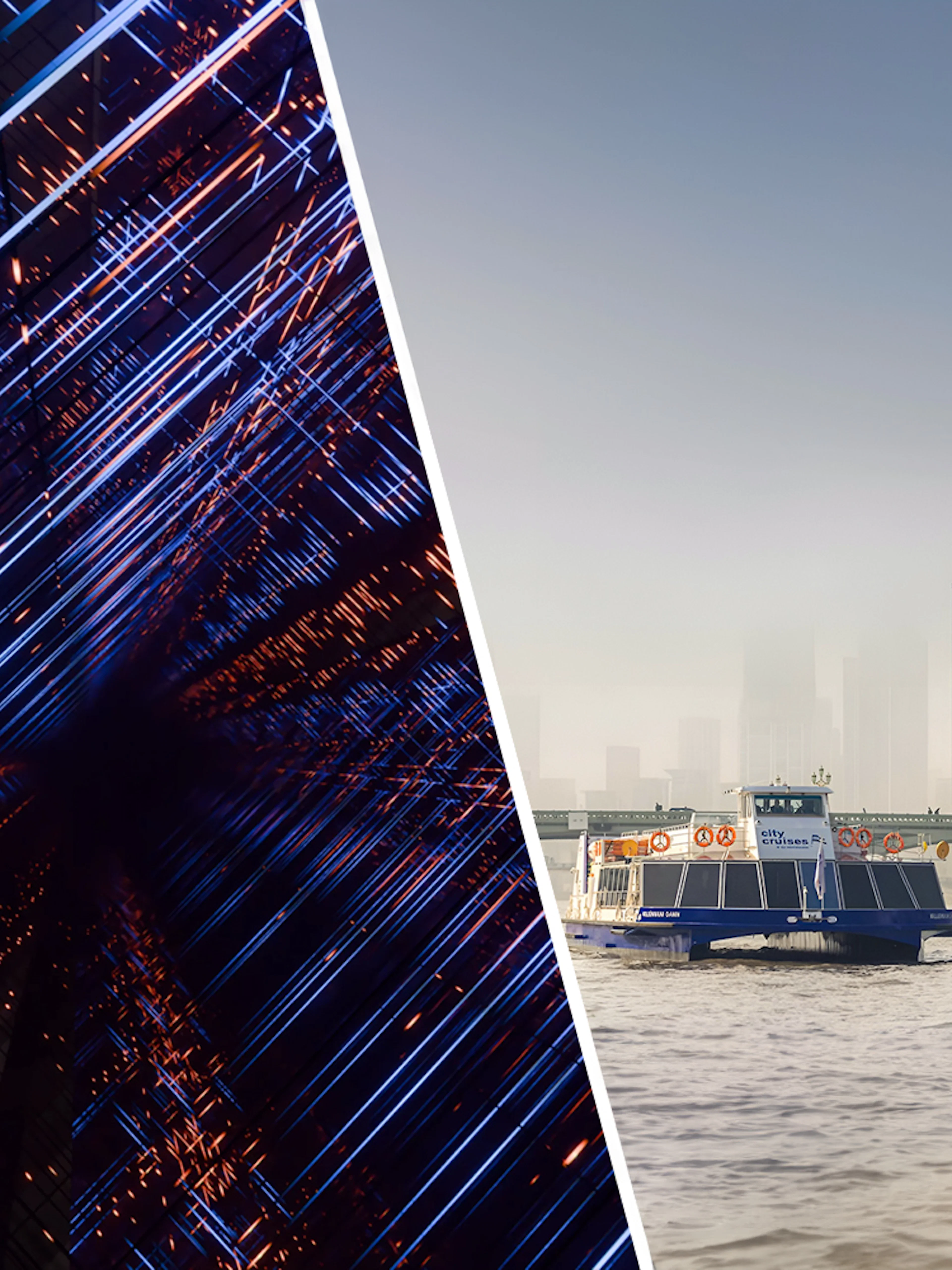 Moco Museum London light installation and River Thames sightseeing cruise boat.