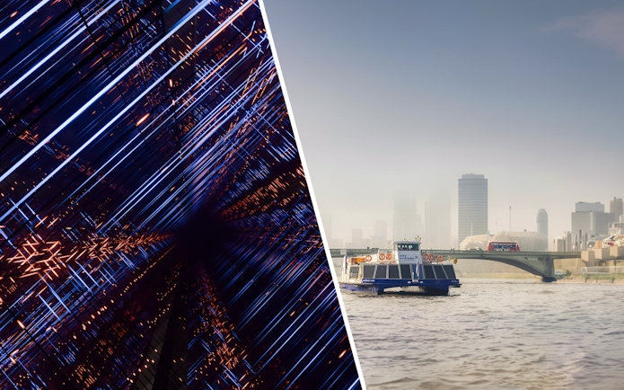 Moco Museum London light installation and River Thames sightseeing cruise boat.