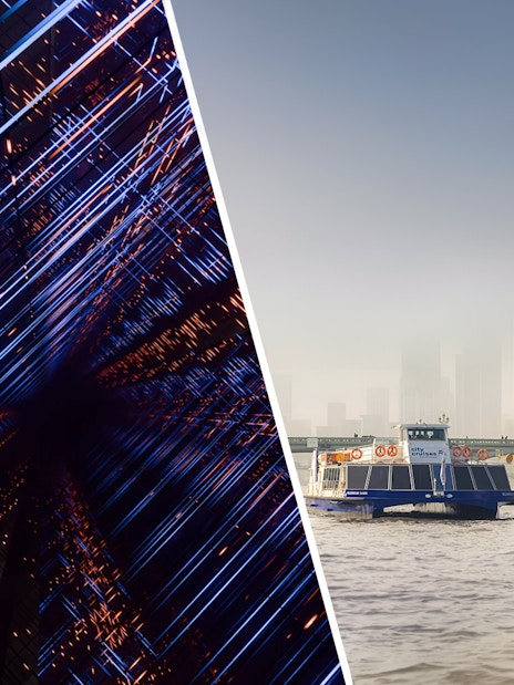 Moco Museum London light installation and River Thames sightseeing cruise boat.