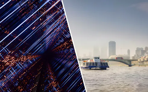 Moco Museum London light installation and River Thames sightseeing cruise boat.