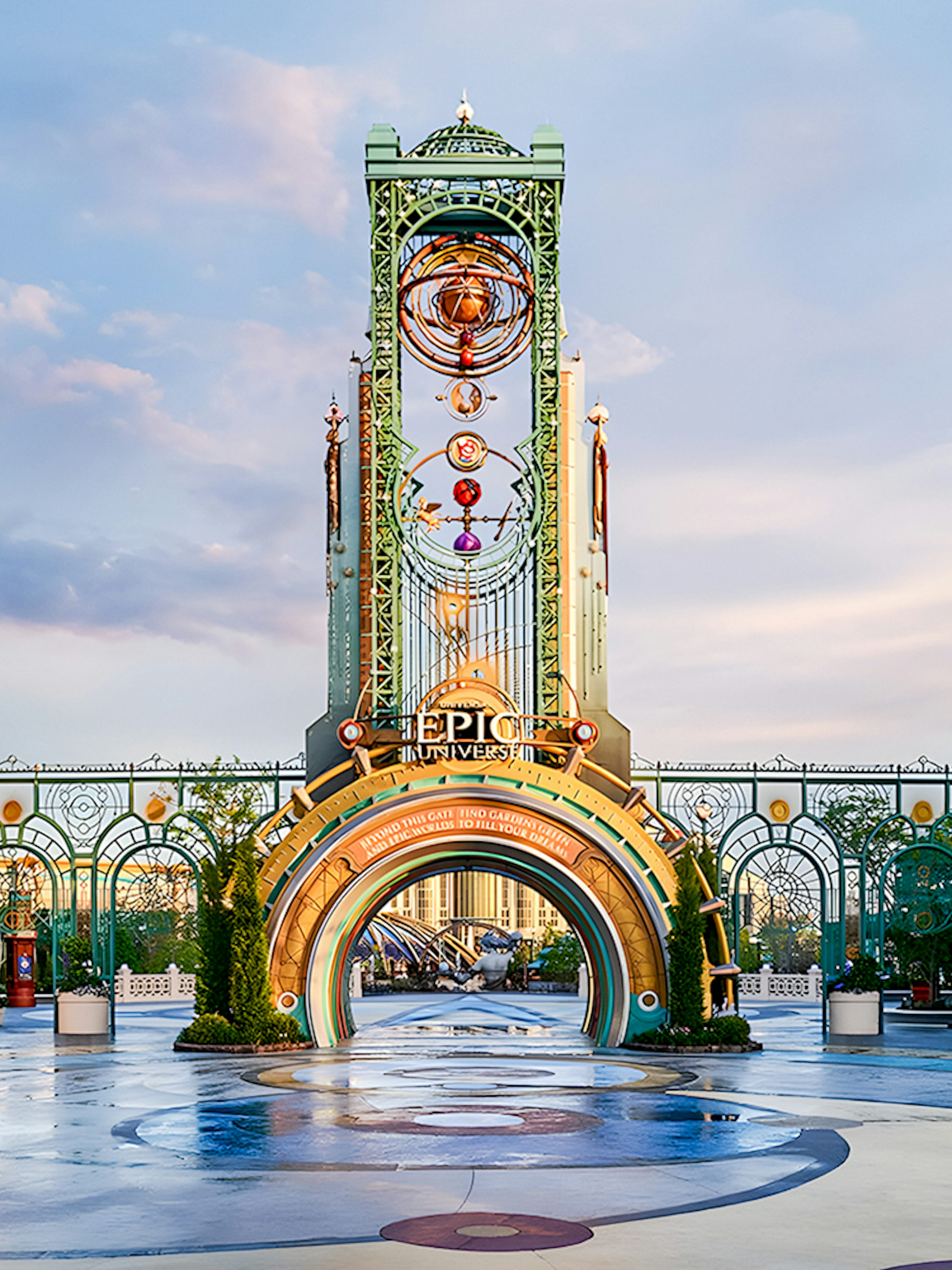 Epic Universe park entrance with ornate archway in Universal Orlando, Florida.