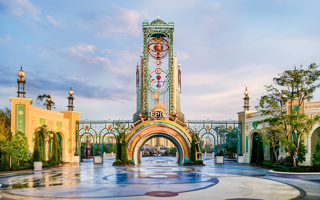 Epic Universe park entrance with ornate archway in Universal Orlando, Florida.