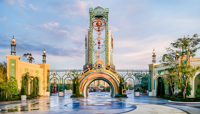 Epic Universe park entrance with ornate archway in Universal Orlando, Florida.