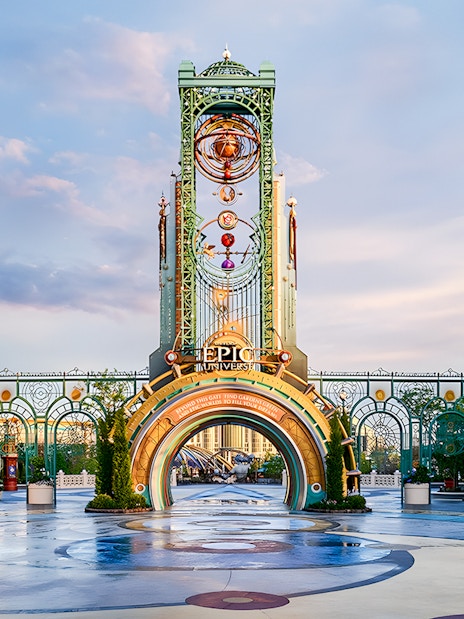 Epic Universe park entrance with ornate archway in Universal Orlando, Florida.