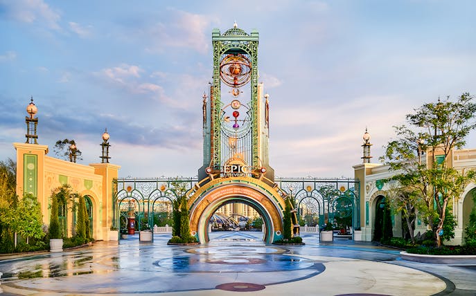Epic Universe park entrance with ornate archway in Universal Orlando, Florida.