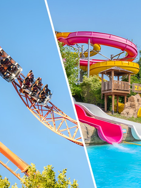 Roller coaster at Parque de Atracciones de Madrid and water slides at Aquopolis Villanueva de la Cañada.
