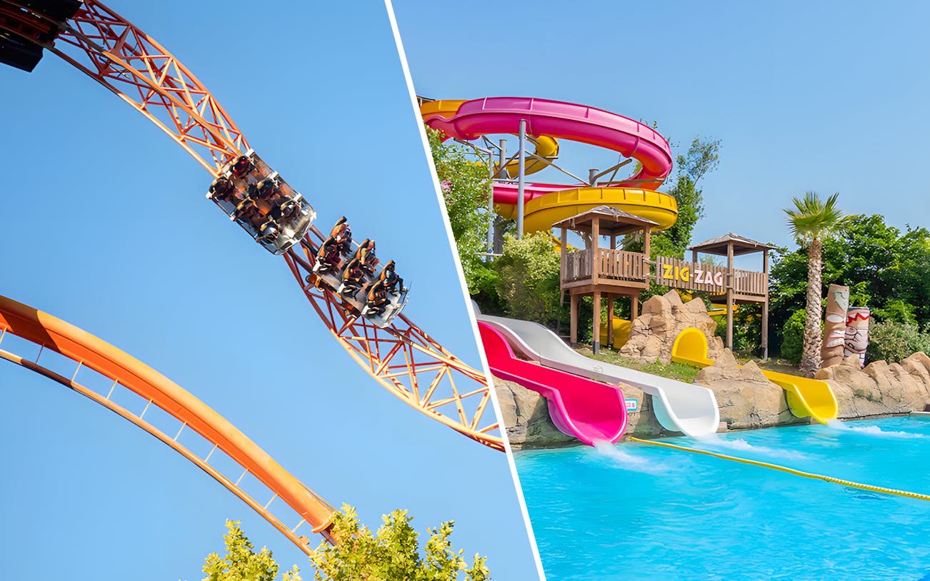 Roller coaster at Parque de Atracciones de Madrid and water slides at Aquopolis Villanueva de la Cañada.