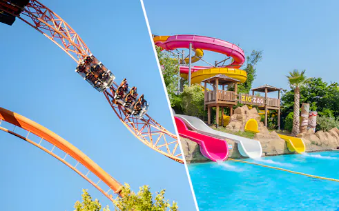 Roller coaster at Parque de Atracciones de Madrid and water slides at Aquopolis Villanueva de la Cañada.